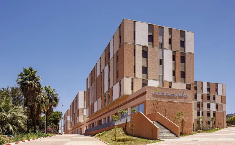 Chequered brick and panel facade stepping down a landscaped slope with palm trees under clear sky