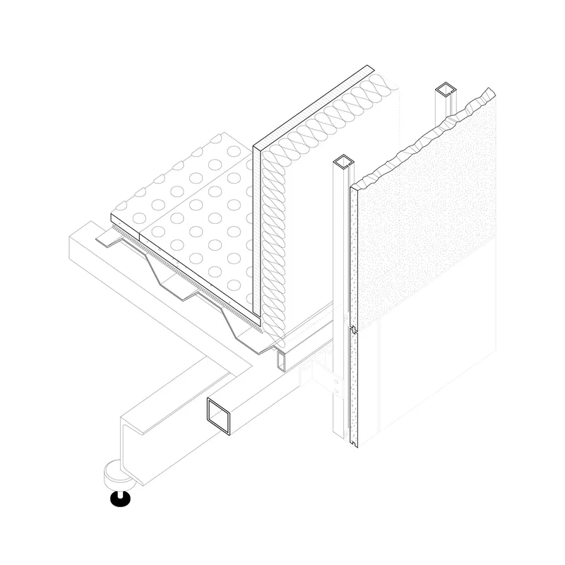Isometric drawing showing panel assembly with perforated surface, structural frame, and suspended globe fixture