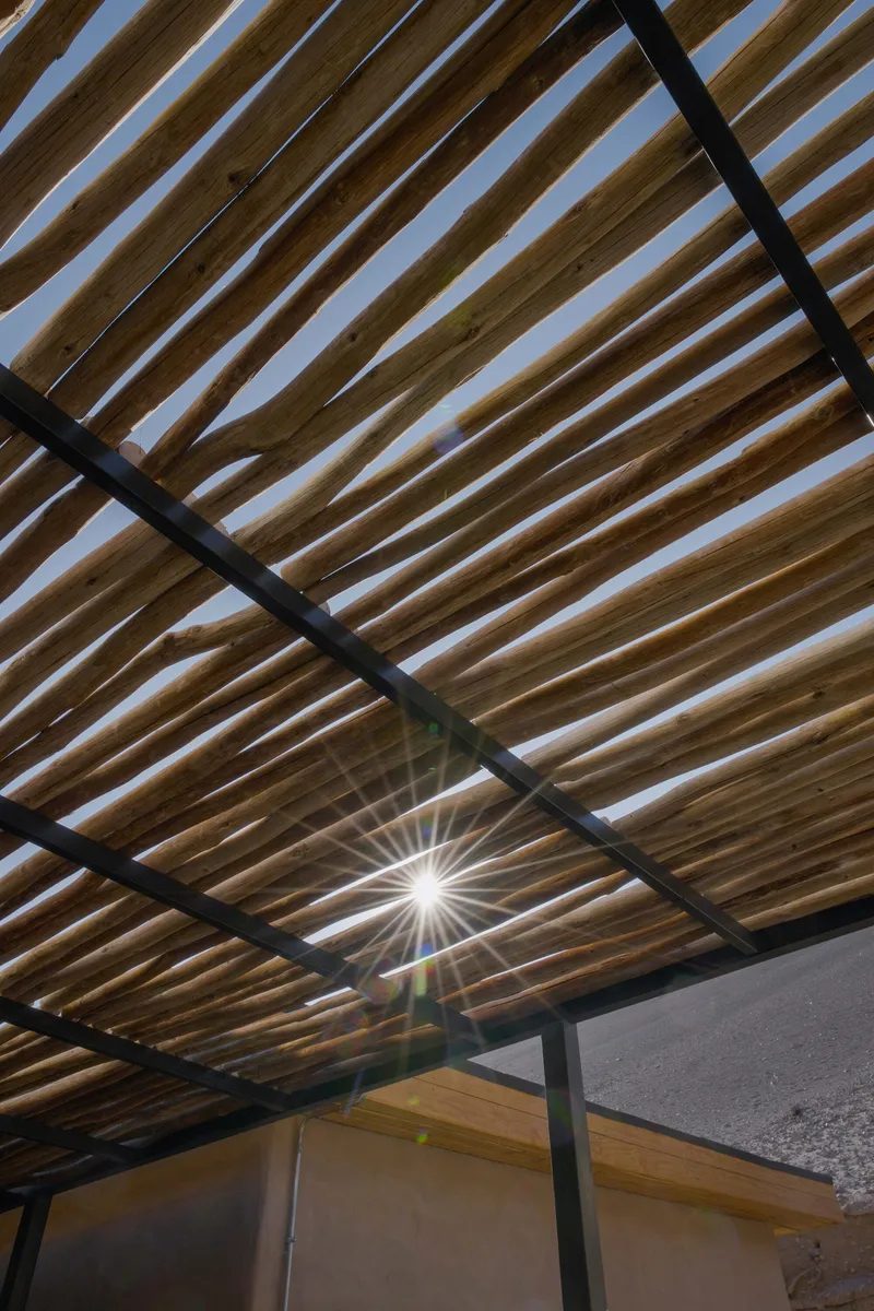 Timber slat pergola with steel beams framing the midday sun breaking through the open canopy