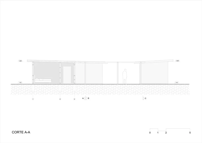 Section drawing showing a linear single-story structure with flat roof and glazed openings