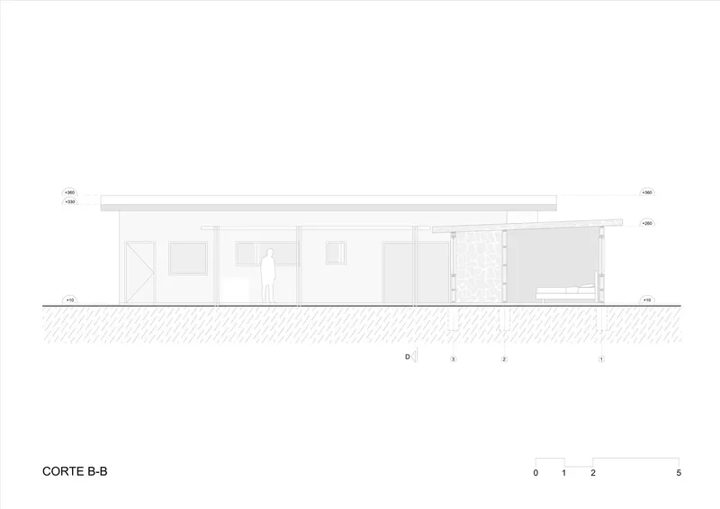 Section drawing revealing interior room divisions with perforated screen wall and varied ceiling heights