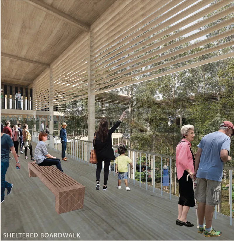 Semi-outdoor timber boardwalk enabling immersive visitor interaction within a climate-responsive, wildlife-sensitive architectural system.