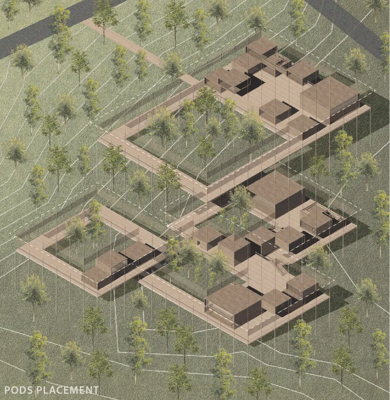 Dispersed modular volumes responding to koala behavior, creating a low-impact sustainable architecture integrated with the natural terrain.