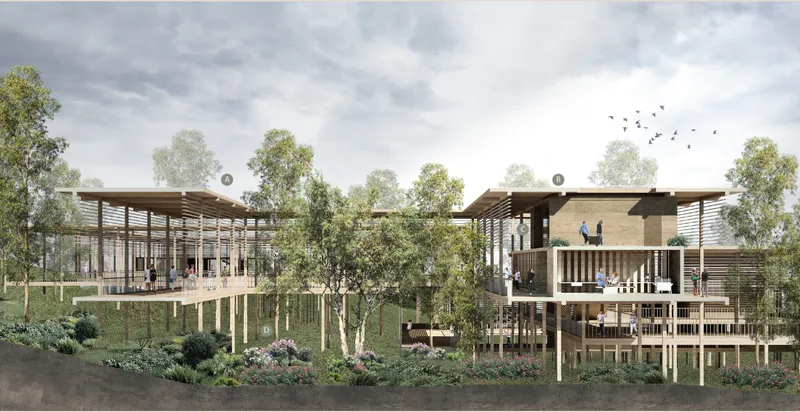 Elevated timber structures blending into the landscape, minimizing ecological footprint while enabling continuous human-nature interaction.