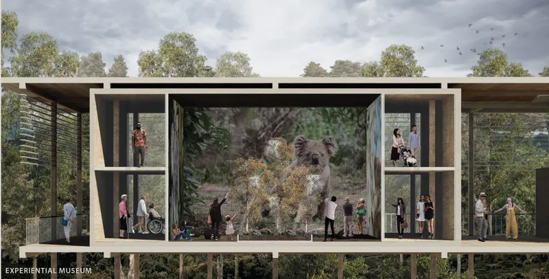 Immersive exhibition space combining digital interfaces and architecture to educate visitors within a controlled, nature-connected environment.