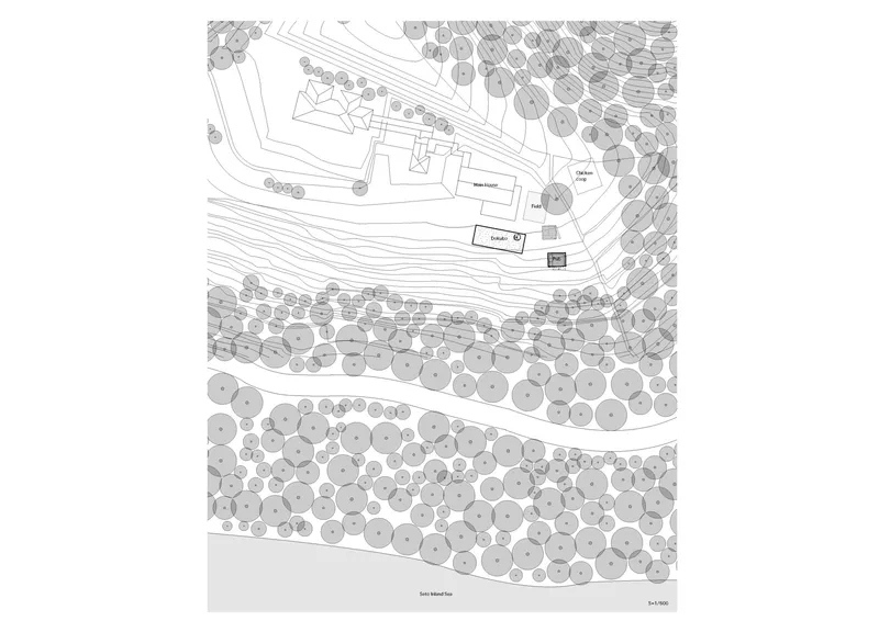 Site plan drawing showing several buildings among contour lines and dense tree canopy along a sloping landscape