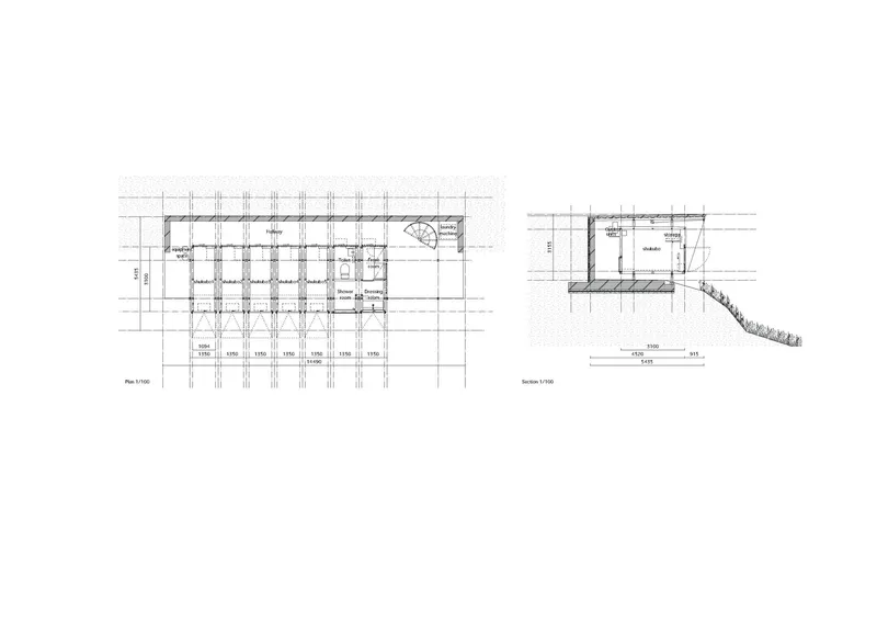 Floor plan and section drawings showing structural grid and stairs descending along the hillside