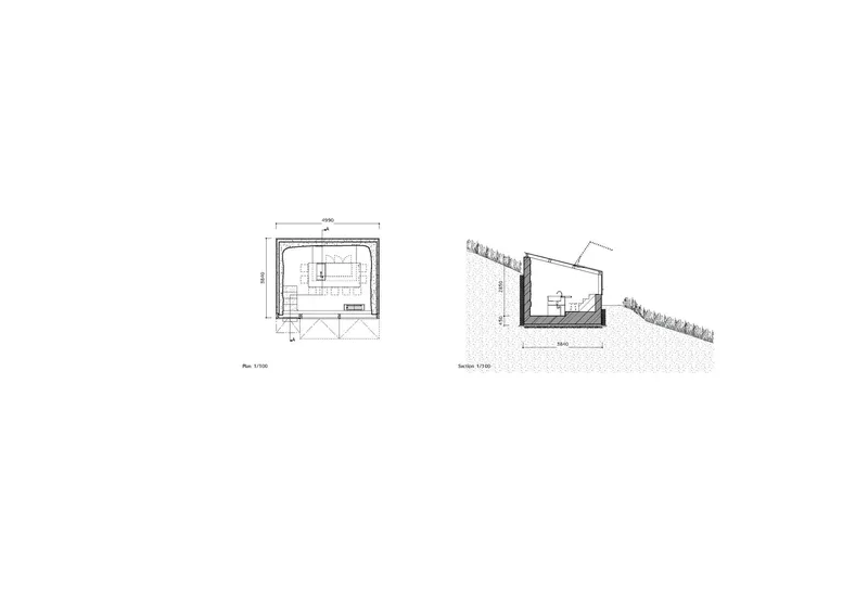 Plan and section drawings depicting a building nestled into the sloped terrain
