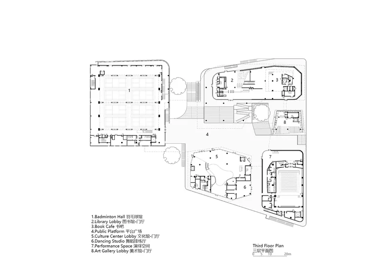 Third floor plan drawing showing rectangular gymnasium space adjacent to curved irregular program areas