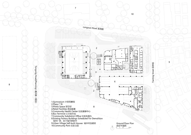Ground floor site plan drawing with building footprints surrounded by trees and adjacent roadways