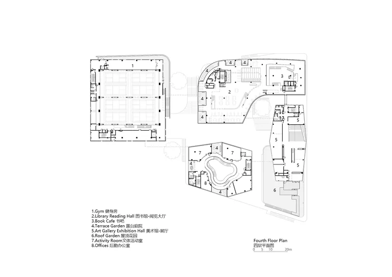 Fourth floor plan drawing showing rectangular gymnasium and two curved organic building volumes with interior subdivisions