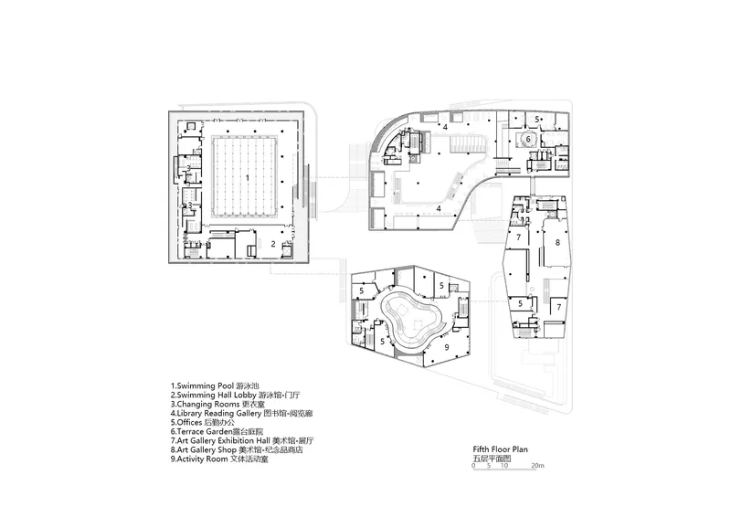 Fifth floor plan drawing showing rectangular pool space and curved building volumes with labeled program areas