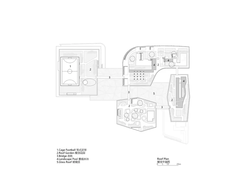 Roof plan drawing showing irregular clustered volumes with numbered programmatic zones and outdoor spaces