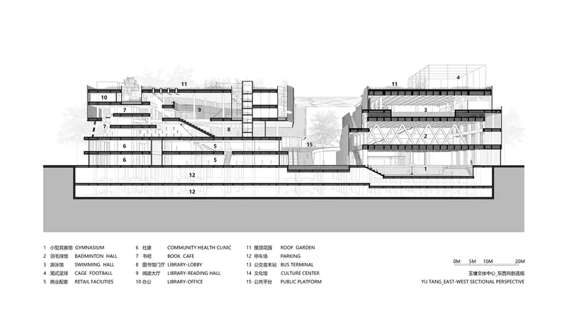 East-west sectional drawing revealing multi-level interior spaces with diagonal circulation paths and underground parking levels