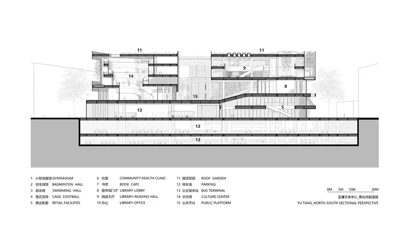North-south sectional drawing showing staggered floor plates connected by ramps above two subterranean parking levels