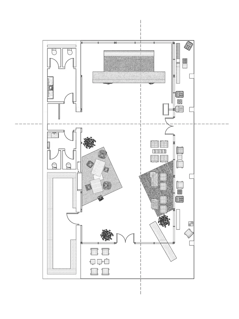 Floor plan drawing showing a rectangular layout with angled interior volumes, bathrooms, and planted courtyards