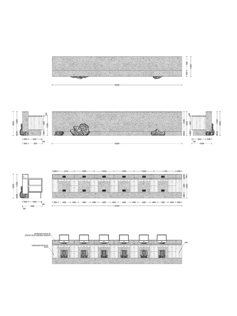 Elevation and section drawings detailing a long linear volume with repeating structural bays and dimension annotations