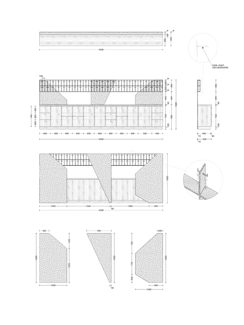 Detail drawings showing elevations and plan views of angled wall elements with gridded overhead structure and planting zones