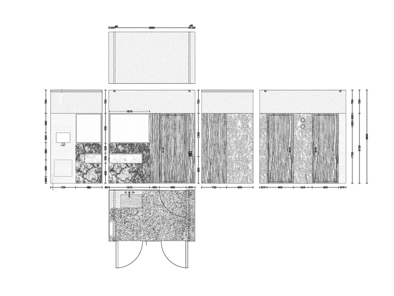 Elevation drawing showing a facade composition with timber panels, planted beds, and textured surfaces