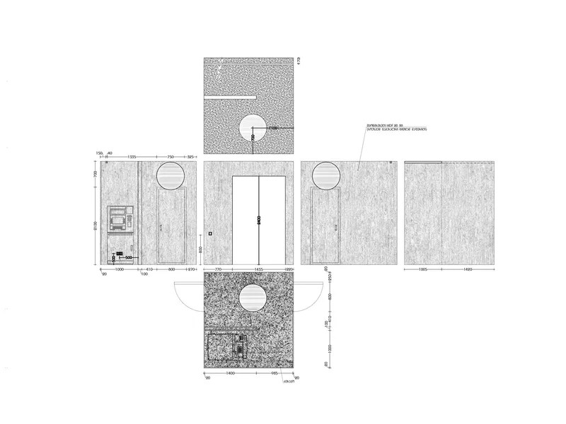 Unfolded elevation drawing displaying four wall panels with circular openings, timber cladding, and a gravel courtyard