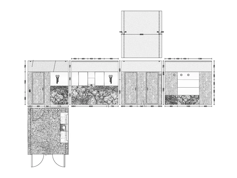 Unfolded elevation drawing showing interior walls with planted courtyards and textured surfaces