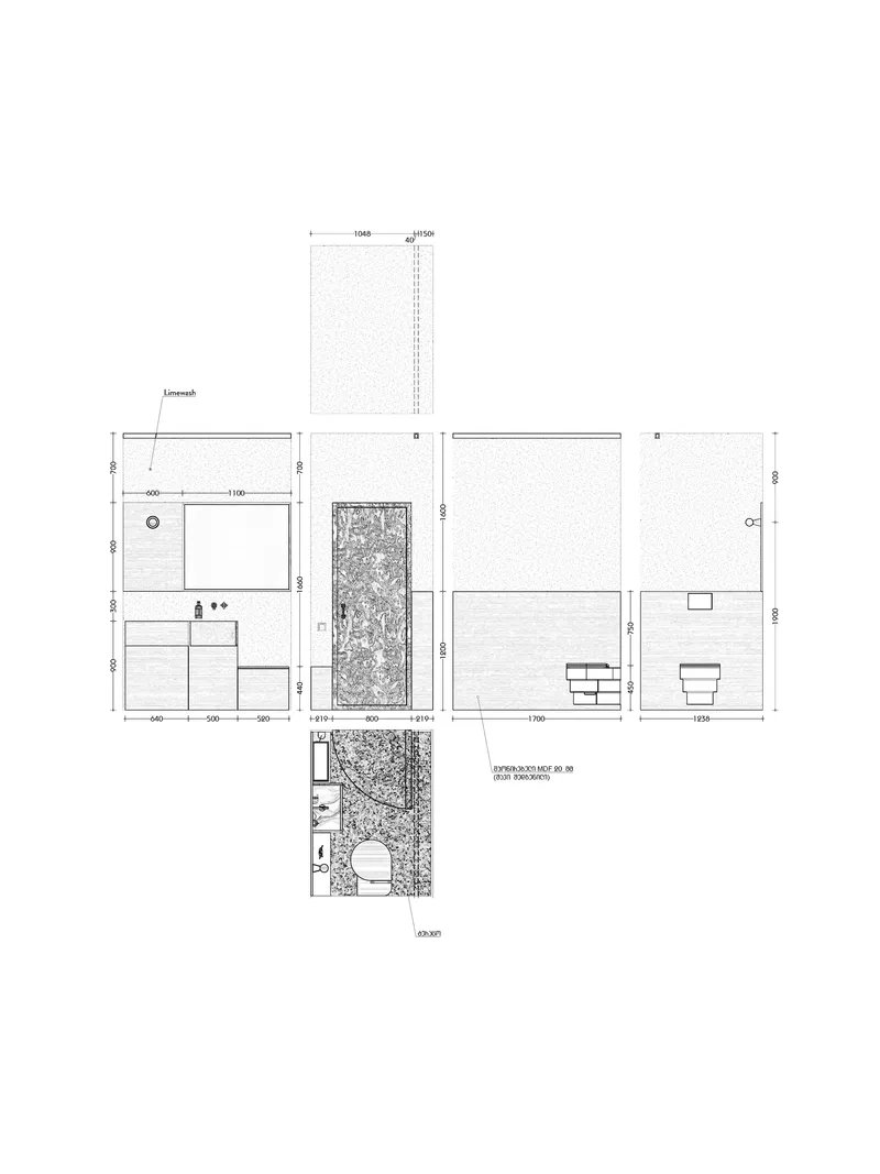 Unfolded elevation drawing depicting bathroom and living spaces with planted areas and fixtures