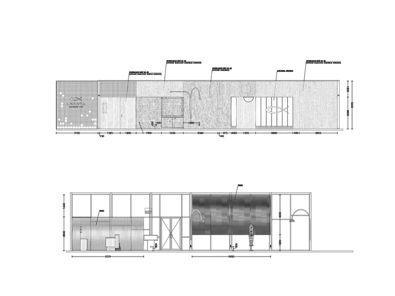 Section and elevation drawings showing interior layout with skylights and a cylindrical element