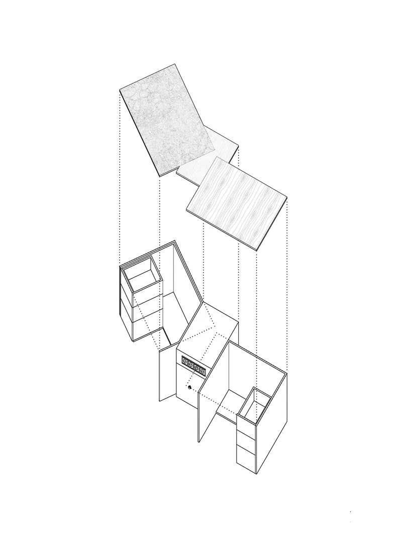 Exploded axonometric drawing revealing stacked volumes with courtyard and interior partitions