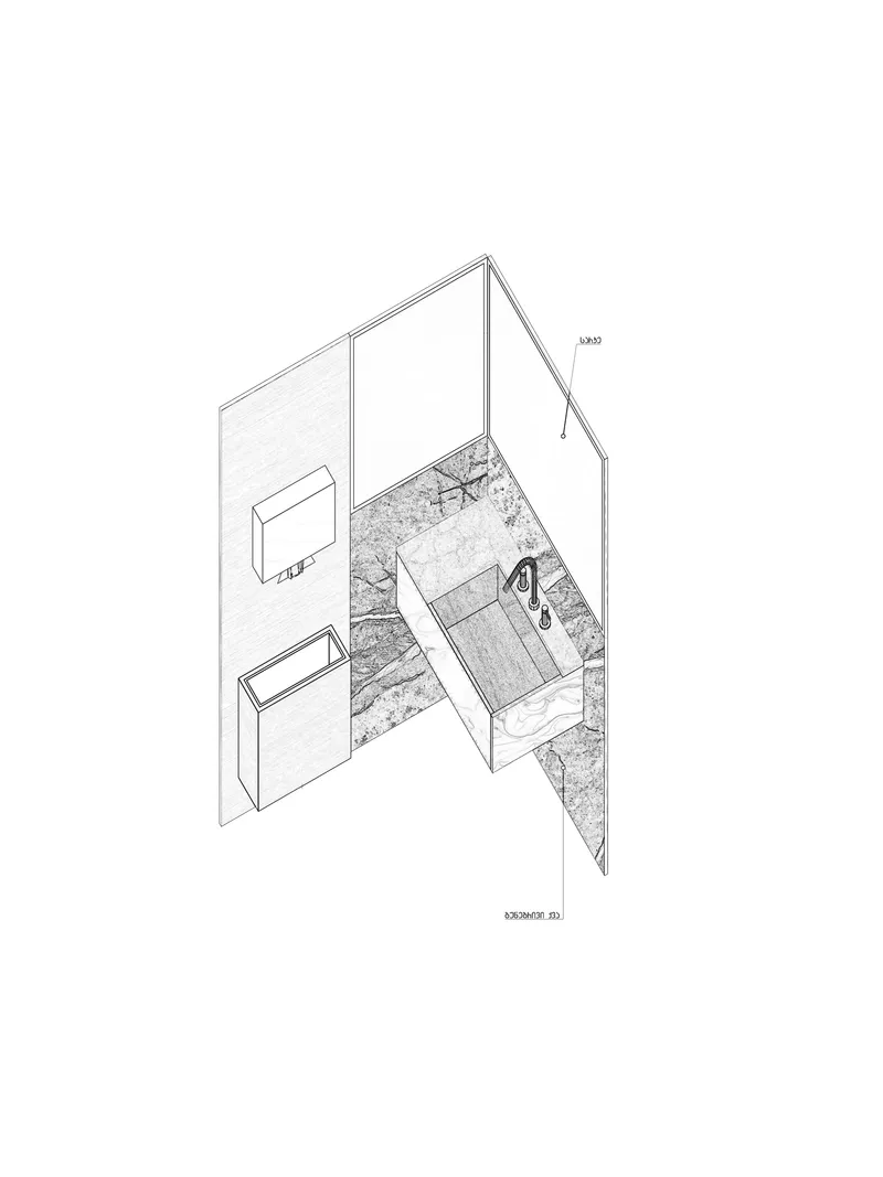 Isometric cutaway drawing of a bathroom with terrazzo floor and wall-mounted sink