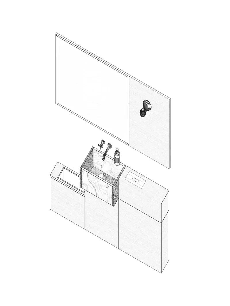Exploded axonometric drawing showing a vanity unit with sink basin and mirrored cabinet above