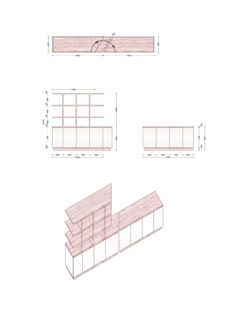 Elevation and isometric drawings of a shelving unit with timber panels and vertical dividers
