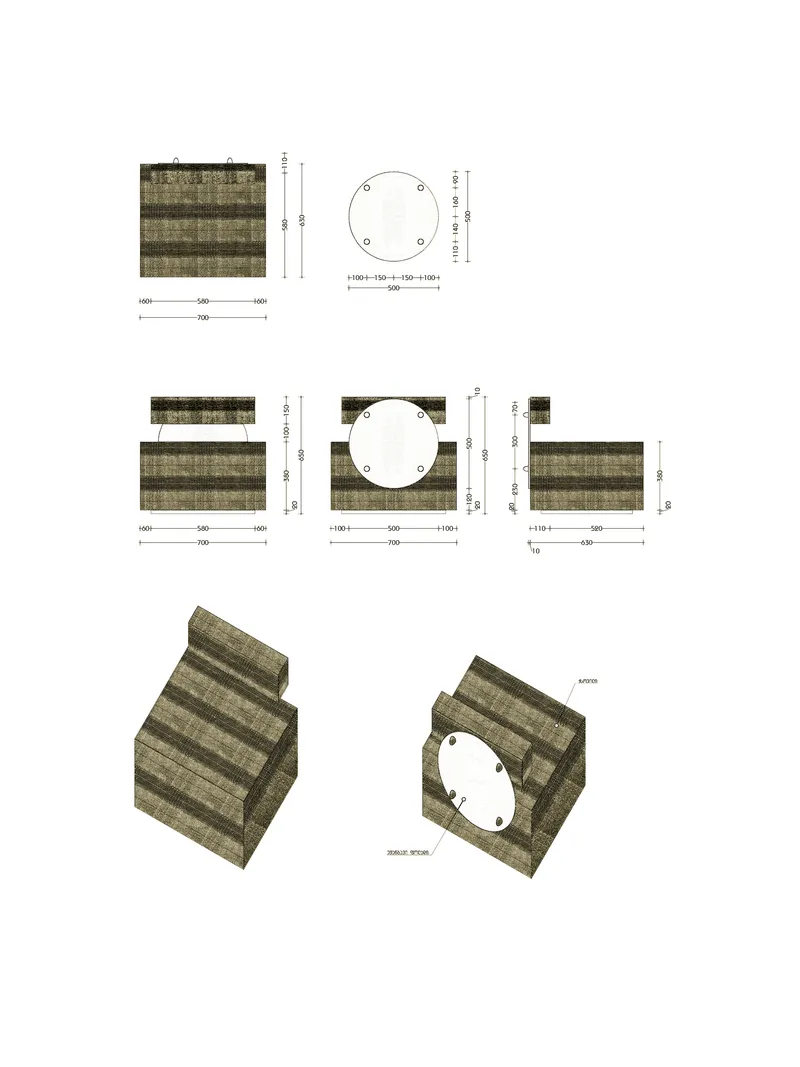 Plan and isometric drawings showing a rammed earth wall element with circular opening