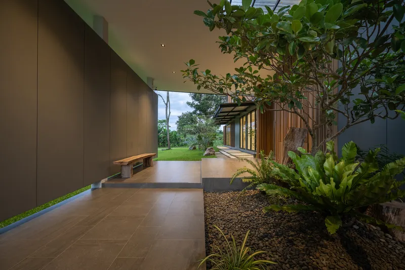 Covered walkway with planted courtyard bed and view through to timber-clad volumes beyond