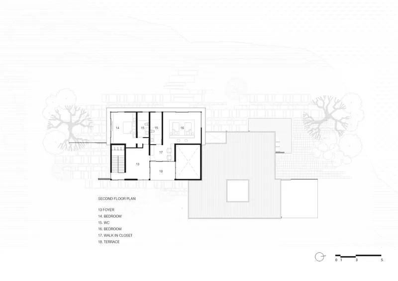 Second floor plan drawing showing bedroom zones and upper level terraces with landscape context