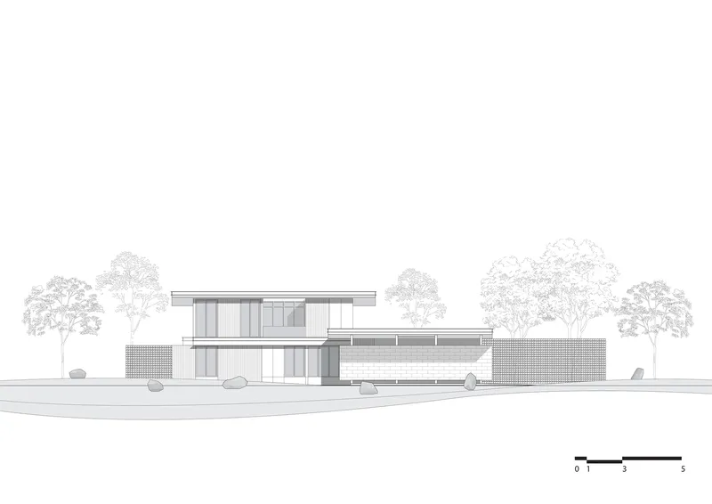 Street elevation drawing of a two-storey residence with horizontal volumes among mature trees