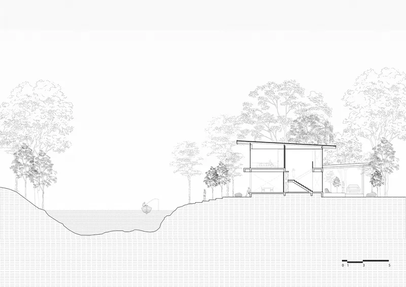 Section drawing showing the residence on a sloping site with trees and interior spaces