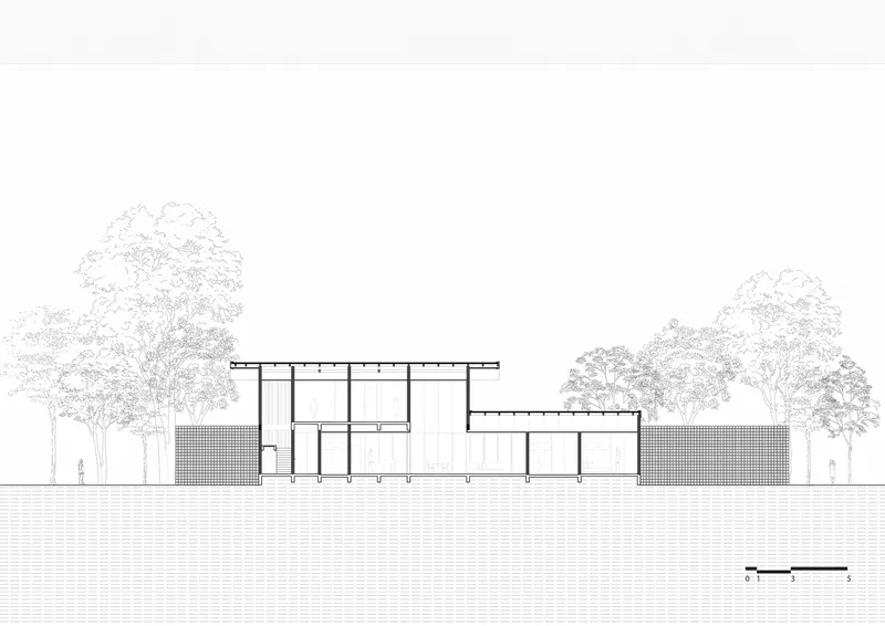 Cross section drawing revealing double-height spaces and the internal spatial organization with flanking trees