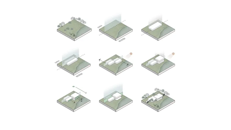 Axonometric diagram series illustrating the volumetric massing development across nine sequential steps