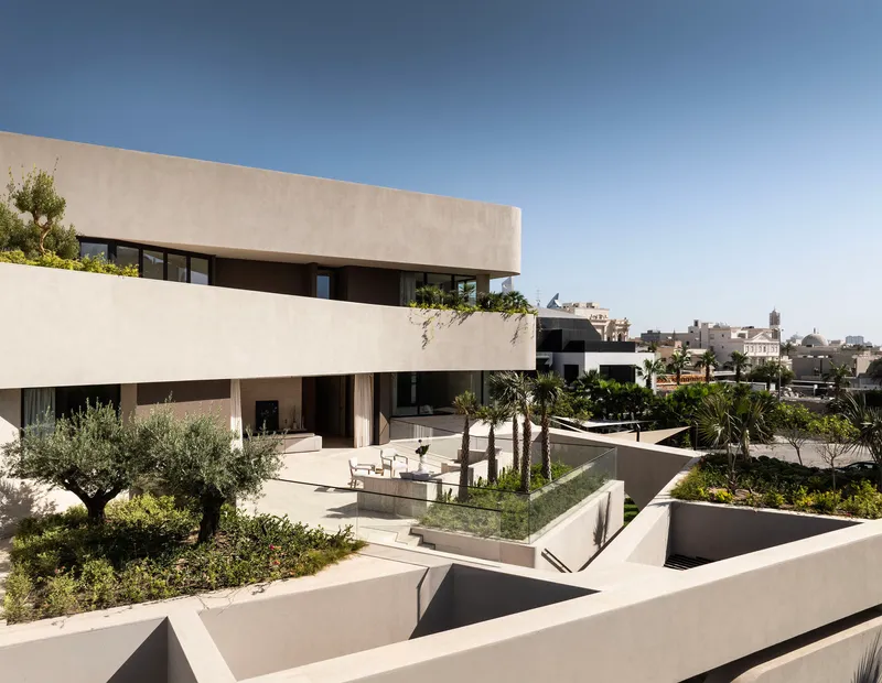 Terraced garden courtyard with olive trees and planted beds overlooking distant cityscape in afternoon light