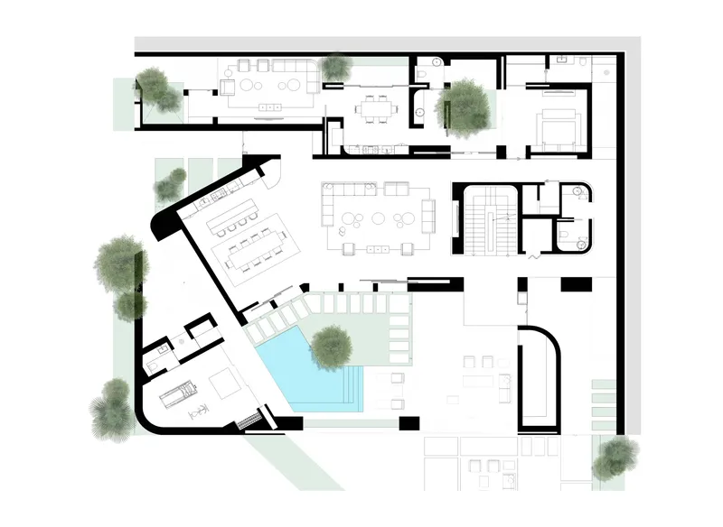 Floor plan drawing showing angled rooms organized around a central pool and courtyard with planted trees