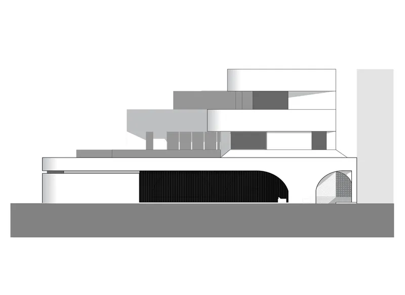 Elevation drawing showing a curved vertical louver screen and stacked volumes above ground level