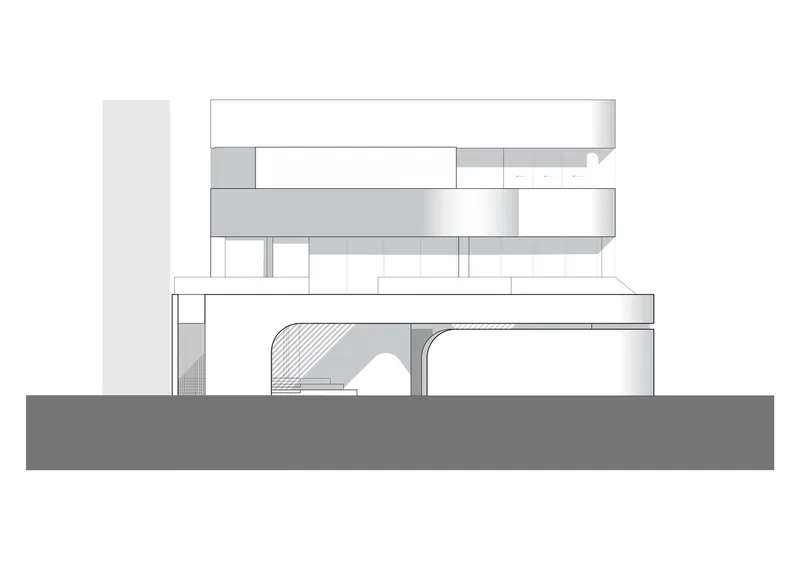 Section drawing revealing stacked floor plates with a curved interior staircase and columns below
