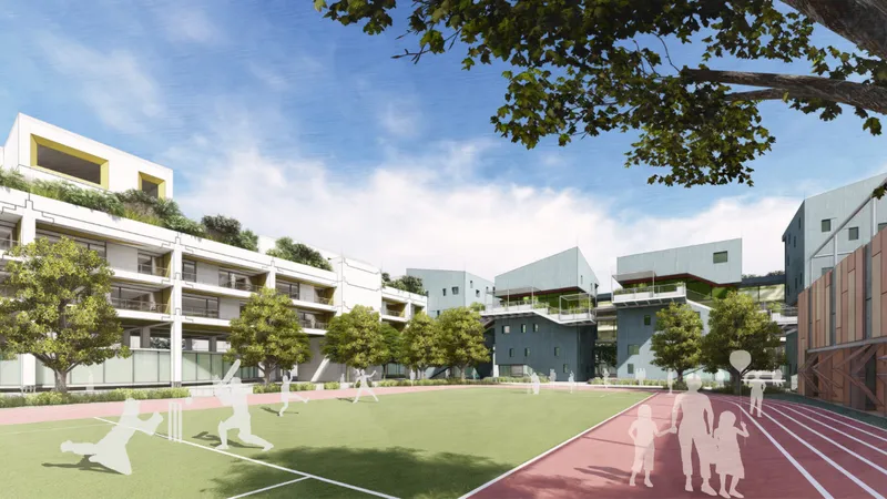 Central courtyard with integrated sports field fostering community interaction within a mixed-use residential complex