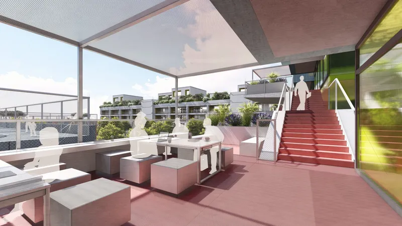 Elevated terrace workspace blending coworking with open-air social environments and landscaped views