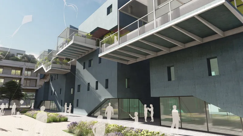Cantilevered residential volumes with shaded walkways and active ground-level public interface