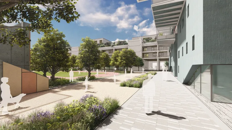 Pedestrian-friendly landscape corridor connecting residential blocks with recreational and communal zones