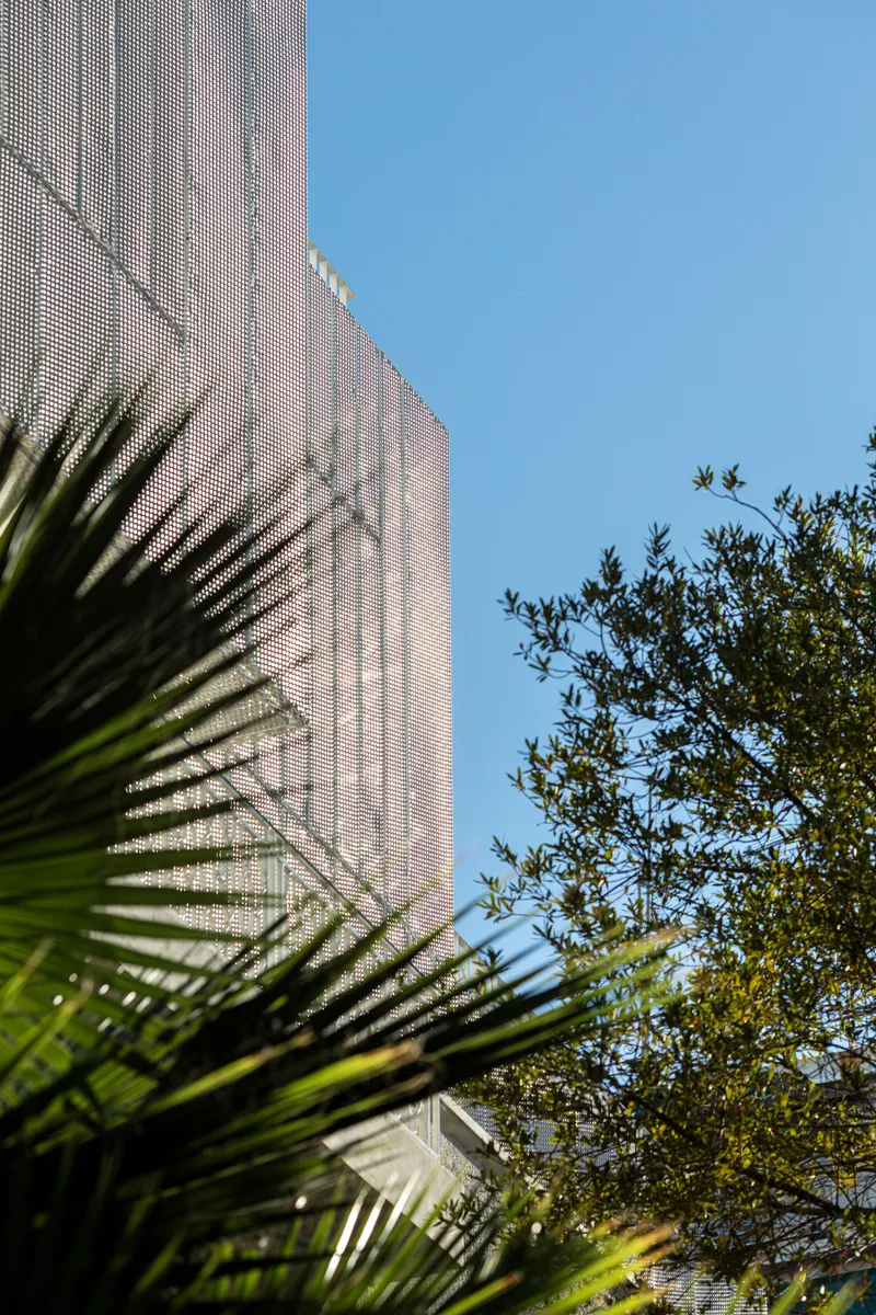 White perforated metal facade rising above palm fronds and surrounding foliage under a clear blue sky