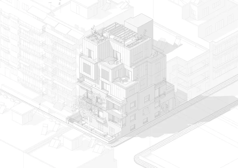 Axonometric drawing showing a terraced multi-story volume set within a dense urban block