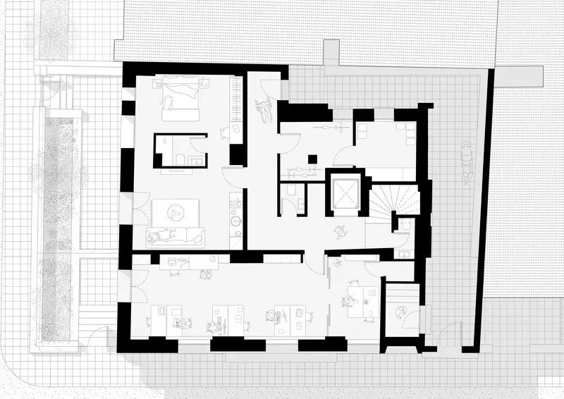 Ground floor plan showing living spaces arranged around a central staircase with adjacent planting beds