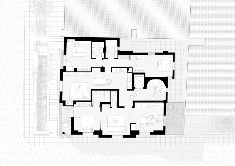 Upper floor plan with bedrooms and a curved stairwell opening beside outdoor terrace spaces